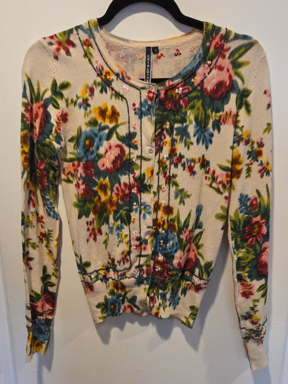 Charlotte Tarantola Floral Beaded Embroidered Cardigan S